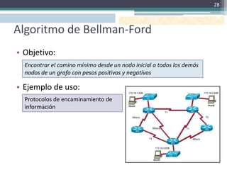 28



Algoritmo de Bellman-Ford
• Objetivo:
  Encontrar el camino mínimo desde un nodo inicial a todos los demás
  nodos de un grafo con pesos positivos y negativos

• Ejemplo de uso:
  Protocolos de encaminamiento de
  información
 