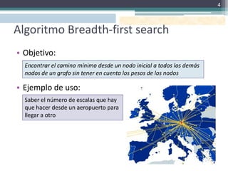 4



Algoritmo Breadth-first search
• Objetivo:
  Encontrar el camino mínimo desde un nodo inicial a todos los demás
  nodos de un grafo sin tener en cuenta los pesos de los nodos

• Ejemplo de uso:
  Saber el número de escalas que hay
  que hacer desde un aeropuerto para
  llegar a otro
 