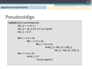 41

Algoritmo de Floyd-Warshall



    Pseudocódigo
       método floyd-warshall(grafo)
              M[i, j] := ∞ ∀i != j
              M[i, j] := p(i, j) ∀(i, j) ∈ en el grafo
              M[i, i] := 0 ∀i

                 for k := 1 to n do
                            for i := 1 to n do
                                       for j := 1 to n do
                                                  si M[i, j] > M[i, k] + M[k, j]
                                                             M[i, j] = M[i, k] + M[k, j]
                 for i := 1 to n do
                            si M[i, i] < 0
                                       “bucle negativo”
 