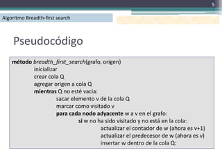 5

Algoritmo Breadth-first search



    Pseudocódigo
    método breadth_first_search(grafo, origen)
           inicializar
           crear cola Q
           agregar origen a cola Q
           mientras Q no esté vacia:
                     sacar elemento v de la cola Q
                     marcar como visitado v
                     para cada nodo adyacente w a v en el grafo:
                              si w no ha sido visitado y no está en la cola:
                                       actualizar el contador de w (ahora es v+1)
                                       actualizar el predecesor de w (ahora es v)
                                       insertar w dentro de la cola Q:
 