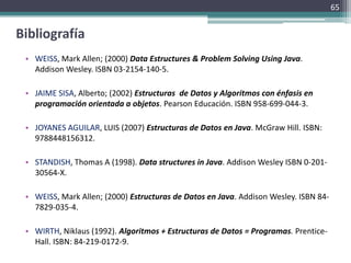 65


Bibliografía
 • WEISS, Mark Allen; (2000) Data Estructures & Problem Solving Using Java.
   Addison Wesley. ISBN 03-2154-140-5.

 • JAIME SISA, Alberto; (2002) Estructuras de Datos y Algoritmos con énfasis en
   programación orientada a objetos. Pearson Educación. ISBN 958-699-044-3.

 • JOYANES AGUILAR, LUIS (2007) Estructuras de Datos en Java. McGraw Hill. ISBN:
   9788448156312.

 • STANDISH, Thomas A (1998). Data structures in Java. Addison Wesley ISBN 0-201-
   30564-X.

 • WEISS, Mark Allen; (2000) Estructuras de Datos en Java. Addison Wesley. ISBN 84-
   7829-035-4.

 • WIRTH, Niklaus (1992). Algoritmos + Estructuras de Datos = Programas. Prentice-
   Hall. ISBN: 84-219-0172-9.
 