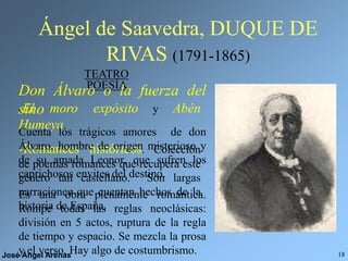 José Ángel Arenas 18
Ángel de Saavedra, DUQUE DE
RIVAS (1791-1865)
POESÍA
-El moro expósito y Abén
Humeya.
-Romances históricos. Colección
de poemas romances que recupera este
género tan castellano. Son largas
narraciones que cuentan hechos de la
historia de España.
TEATRO
Don Álvaro o la fuerza del
sino
Cuenta los trágicos amores de don
Álvaro, hombre de origen misterioso y
de su amada Leonor, que sufren los
caprichosos envites del destino.
Es una obra plenamente romántica.
Rompe todas las reglas neoclásicas:
división en 5 actos, ruptura de la regla
de tiempo y espacio. Se mezcla la prosa
y el verso. Hay algo de costumbrismo.
 