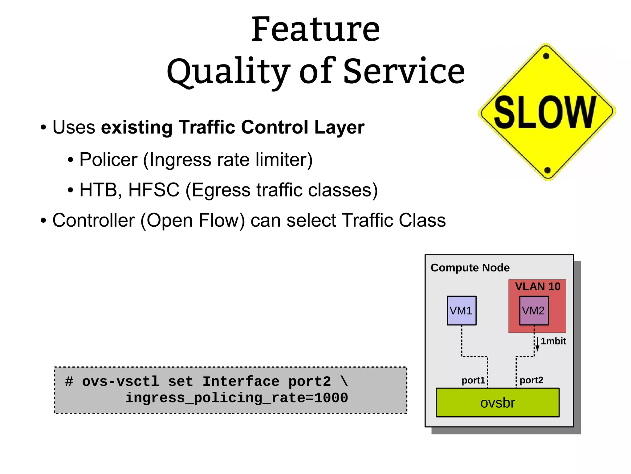 Feature
Quality of Service
● Uses existing Traffic Control Layer
● Policer (Ingress rate limiter)
● HTB, HFSC (Egress traffic classes)
● Controller (Open Flow) can select Traffic Class
VM1
Compute Node
VM2
ovsbr
VLAN 10
port1 port2
1mbit
# ovs-vsctl set Interface port2 
ingress_policing_rate=1000
 