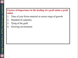 Factors of importance in the healing of a graft union a graft
union
1. Time of year Scion material at correct stage of growth
2. Standard of carpentry
3. Tying of the graft
4. Growing environment
 