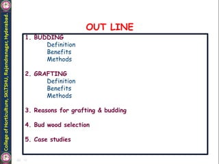 OUT LINE
1. BUDDING
Definition
Benefits
Methods
2. GRAFTING
Definition
Benefits
Methods
3. Reasons for grafting & budding
4. Bud wood selection
5. Case studies
 
