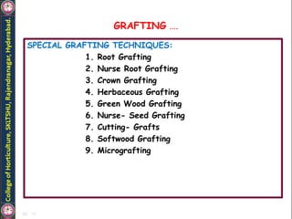 GRAFTING ….
SPECIAL GRAFTING TECHNIQUES:
1. Root Grafting
2. Nurse Root Grafting
3. Crown Grafting
4. Herbaceous Grafting
5. Green Wood Grafting
6. Nurse- Seed Grafting
7. Cutting- Grafts
8. Softwood Grafting
9. Micrografting
 