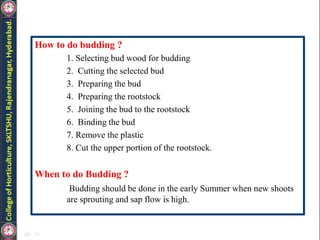 How to do budding ?
1. Selecting bud wood for budding
2. Cutting the selected bud
3. Preparing the bud
4. Preparing the rootstock
5. Joining the bud to the rootstock
6. Binding the bud
7. Remove the plastic
8. Cut the upper portion of the rootstock.
When to do Budding ?
Budding should be done in the early Summer when new shoots
are sprouting and sap flow is high.
 