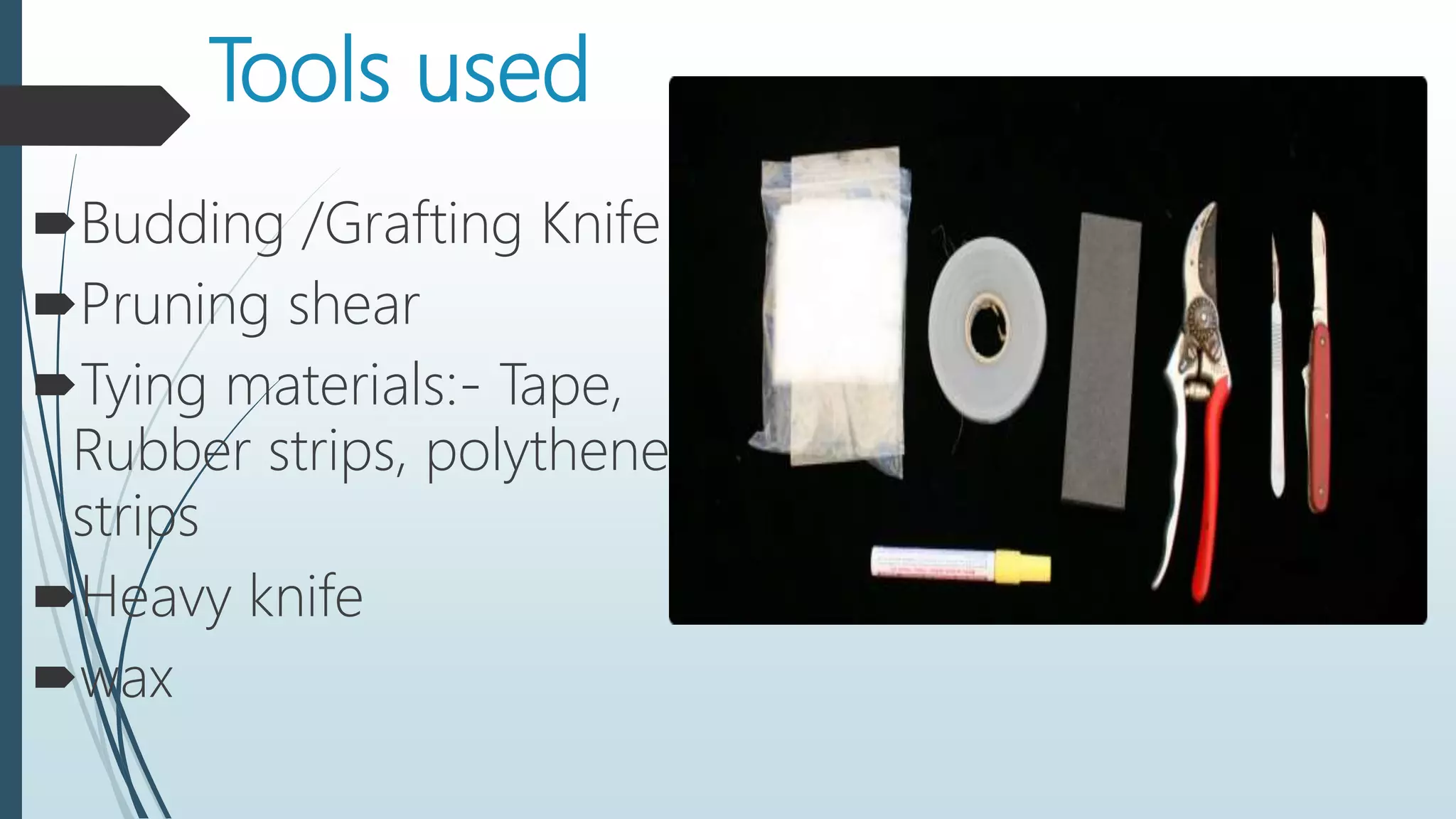 Tools used
Budding /Grafting Knife
Pruning shear
Tying materials:- Tape,
Rubber strips, polythene
strips
Heavy knife
wax
 