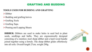GRAFTING AND BUDDING
TOOLS USED FOR BUDDING AND GRAFTING
Dibber
Budding and grafting knives
Grafting Tools
Grafting Tape.
Pruning and Lopping Shears
DIBBER: Dibbers are used to make holes in seed bed to plant
seeds, seedlings and bulbs. They are ergonomically designed
consisting of a stainless steel sharp dibber and a hard wood handle
joined together using a ferrule. The sharp dibber glides effortlessly
into all soils. Overall length 27cm, weight 290g.
 