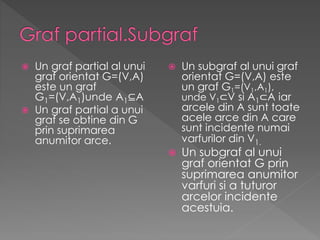  Un graf partial al unui
graf orientat G=(V,A)
este un graf
G1=(V,A1)unde A1⊆A
 Un graf partial a unui
graf se obtine din G
prin suprimarea
anumitor arce.
 Un subgraf al unui graf
orientat G=(V,A) este
un graf G1=(V1,A1),
unde V1⊂V si A1⊂A iar
arcele din A sunt toate
acele arce din A care
sunt incidente numai
varfurilor din V1.
 Un subgraf al unui
graf orientat G prin
suprimarea anumitor
varfuri si a tuturor
arcelor incidente
acestuia.
 
