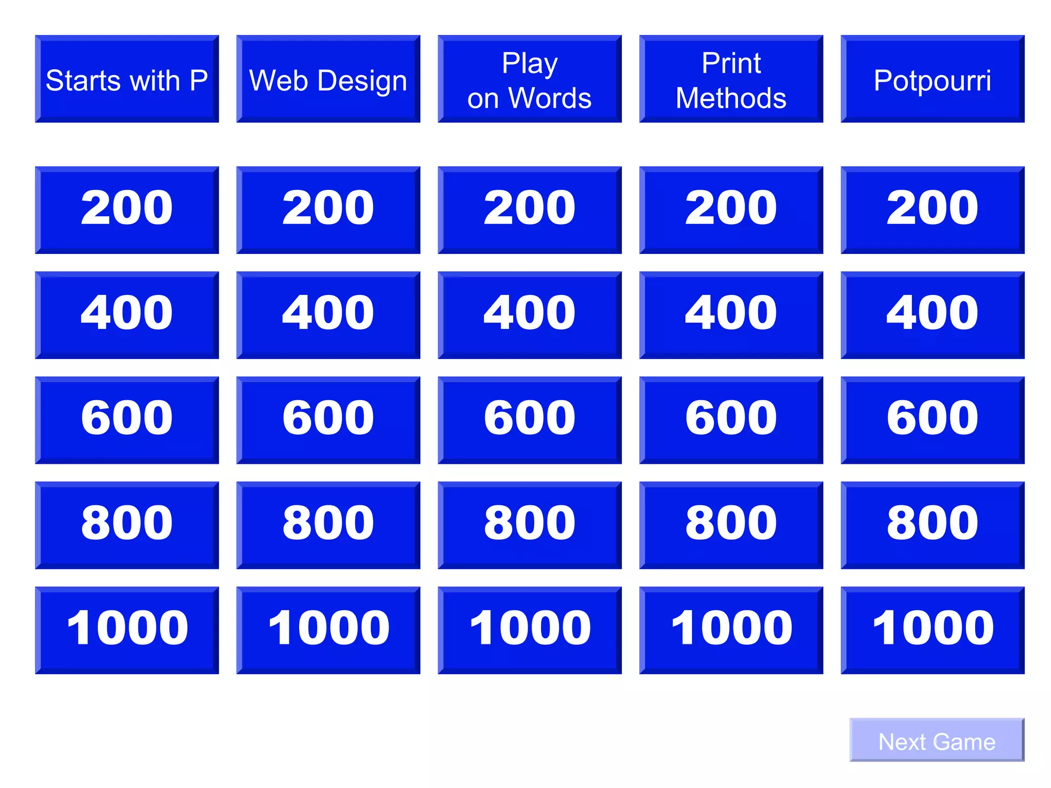 Play      Print
Starts with P   Web Design                        Potpourri
                             on Words   Methods


  200             200         200       200       200

  400             400         400       400       400

  600             600         600       600       600

  800             800         800       800       800

 1000            1000        1000       1000      1000

                                                  Next Game
 