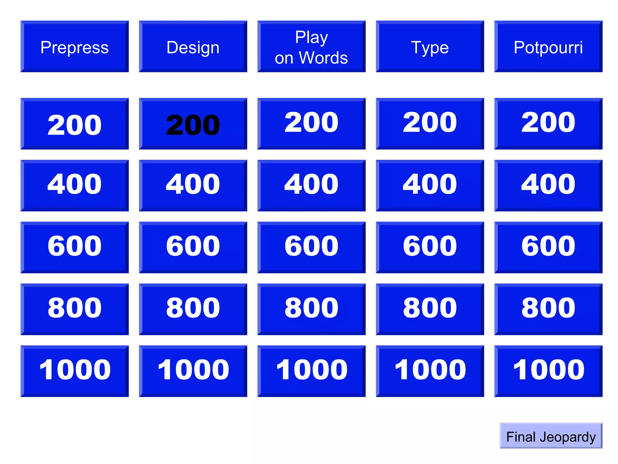 Play
Prepress   Design              Type    Potpourri
                    on Words



200        200       200       200      200

400        400       400       400      400

600        600       600       600      600

800        800       800       800      800

1000       1000     1000       1000   1000

                                      Final Jeopardy
 
