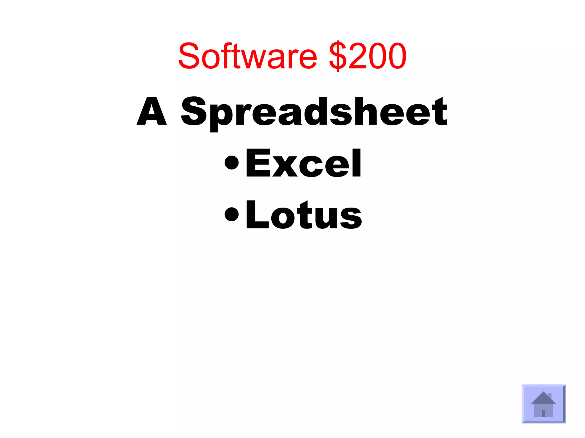 Software $200
A Spreadsheet
    •Excel
    •Lotus
 