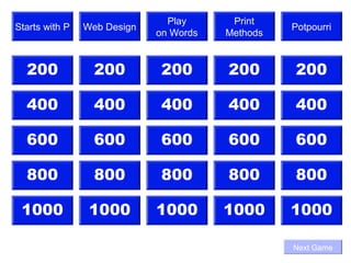 Play      Print
Starts with P   Web Design                        Potpourri
                             on Words   Methods


  200             200         200       200       200

  400             400         400       400       400

  600             600         600       600       600

  800             800         800       800       800

 1000            1000        1000       1000      1000

                                                  Next Game
 