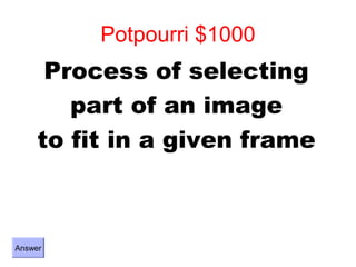 Potpourri $1000
      Process of selecting
        part of an image
     to fit in a given frame



Answer
 