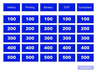 History   Printing   Bindery   DTP   Computers



100       100        100       100    100

200       200        200       200    200

300       300        300       300    300

400       400        400       400    400

500       500        500       500    500

                                      Next Game
 