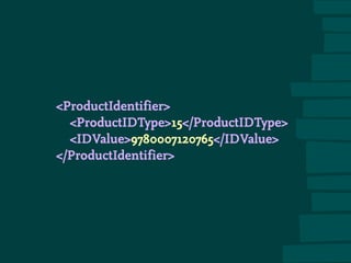 ProductIdentifier
ProductIDType15/ProductIDType
IDValue9780007120765/IDValue
/ProductIdentifier
 