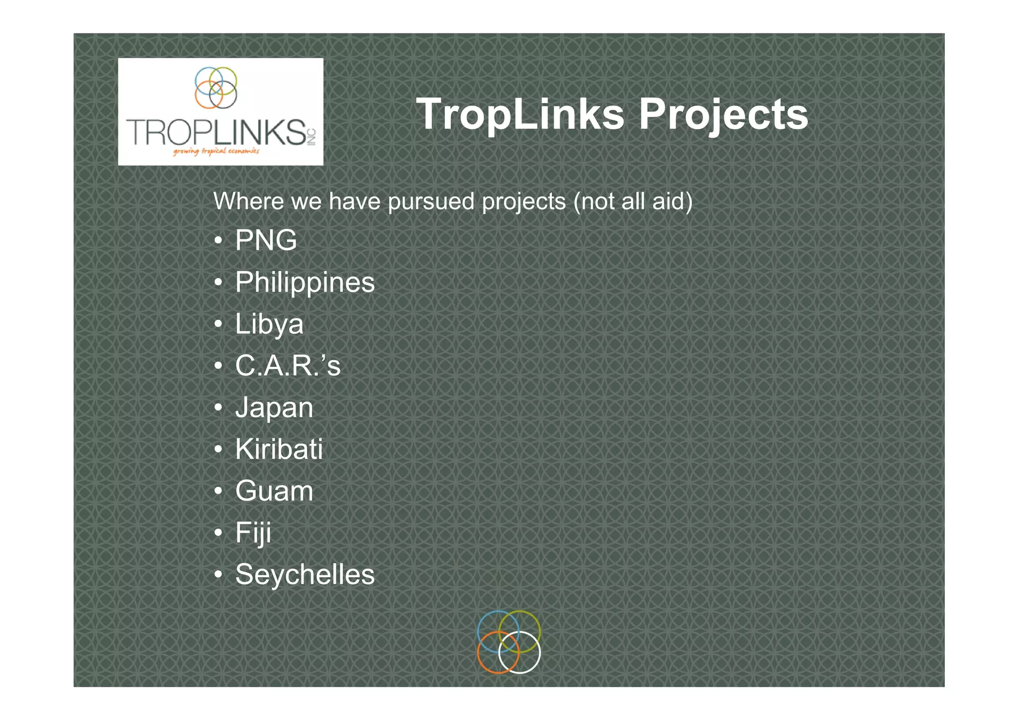 TropLinks Projects
Where we have pursued projects (not all aid)
• PNG
• Philippines
• Libya
• C.A.R.’s
• Japan
• Kiribati
• Guam
• Fiji
• Seychelles
 