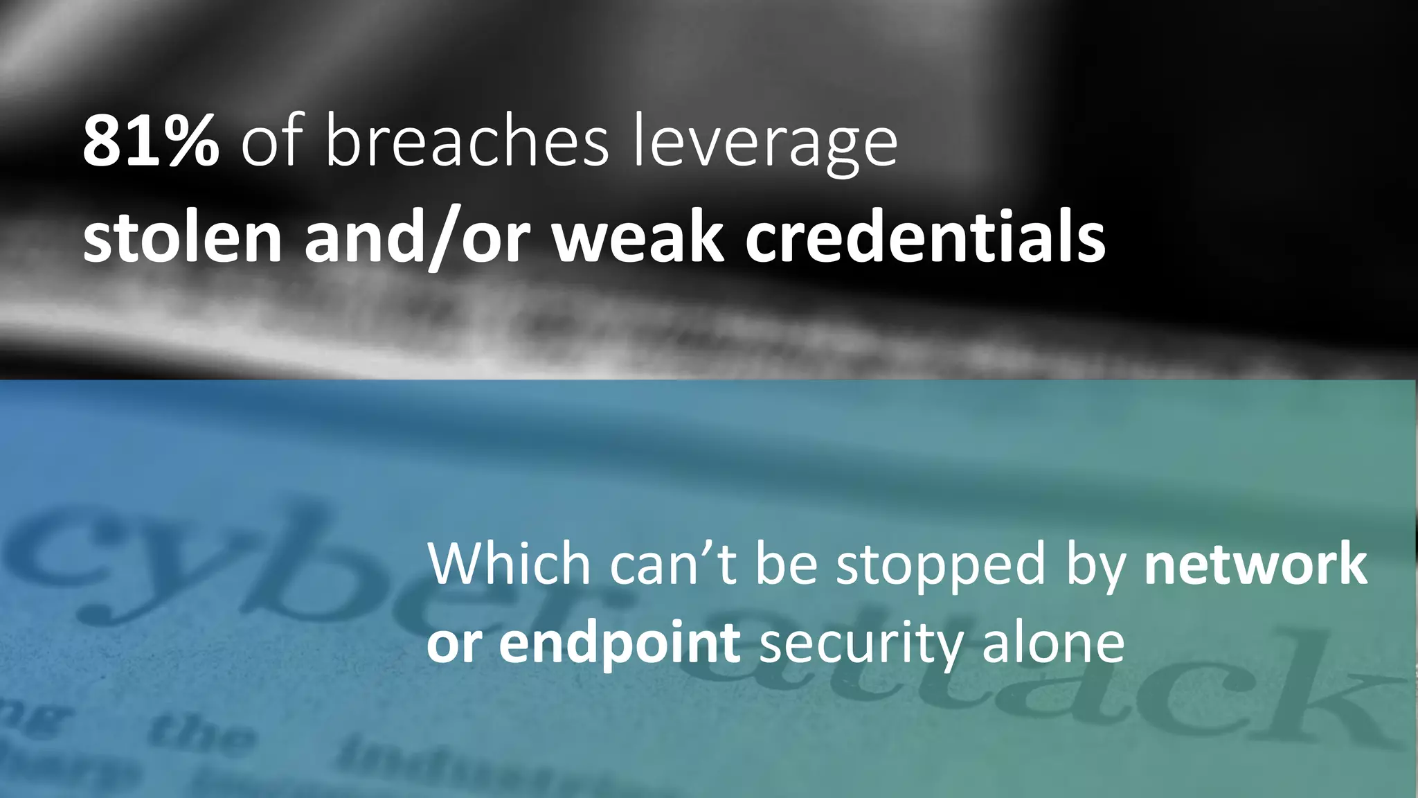 81%	
  of	
  breaches	
  leverage	
  	
  
stolen	
  and/or	
  weak	
  credentials
Which	
  can’t	
  be	
  stopped	
  by	
  network	
  
or	
  endpoint	
  security	
  alone
 