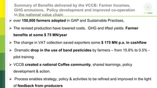 Summary of Benefits delivered by the VCCB: Farmer Incomes,
GHG emissions, Policy development and improved co-operation
in the national value chain
 over 150,000 farmers adopted in GAP and Sustainable Practises,
 The revised production have lowered costs, GHG and lifted yields. Farmer
benefits at some $ 75 MN/year
 The change in VAT collection saved exporters some $ 175 MN p.a. in cashflow
 Dramatic drop in the use of band pesticides by farmers – from 15.8% to 0.5% -
pilot training
 VCCB created a national Coffee community, shared learnings, policy
development & action.
 Process enables strategy, policy & activities to be refined and improved in the light
of feedback from producers
 