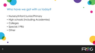 Who have we got with us today?
• Nursery/Infant/Junior/Primary
• High schools (including Academies)
• Colleges
• Special / PRU
• Other
3
 