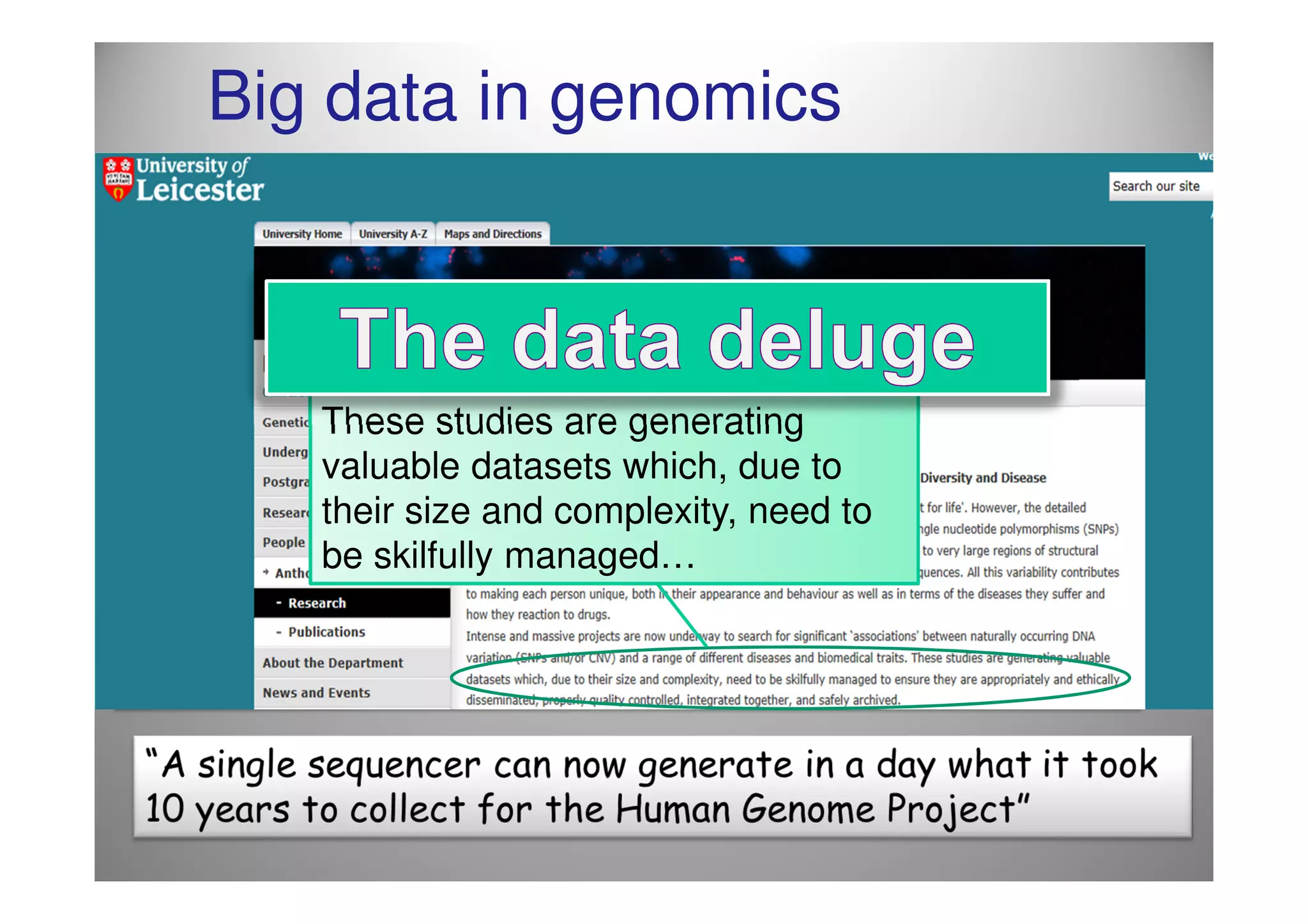 Big data in genomics



   These studies are generating
   valuable datasets which, due to
   their size and complexity, need to
   be skilfully managed…
 