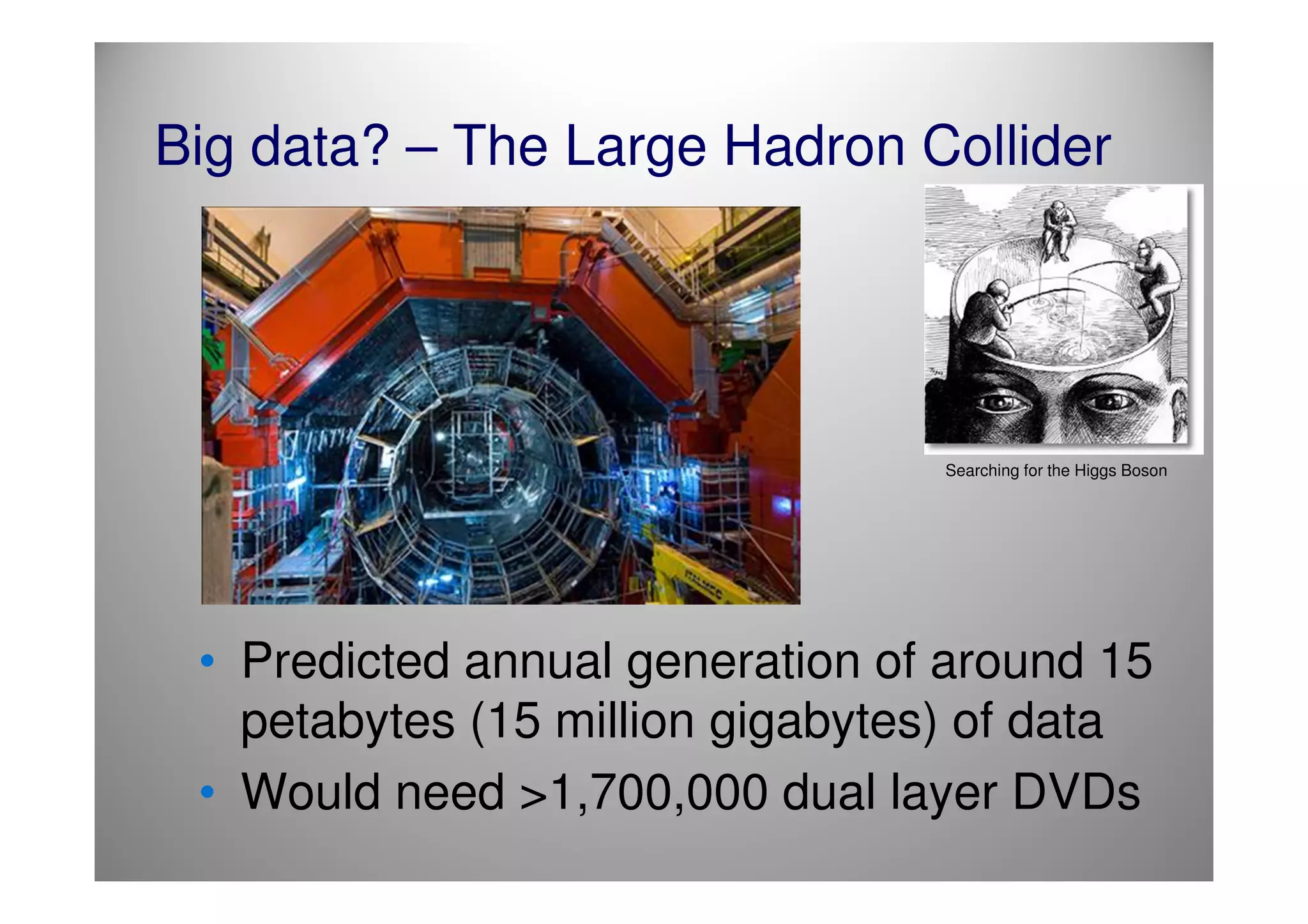 Big data? – The Large Hadron Collider




                                 Searching for the Higgs Boson




 • Predicted annual generation of around 15
   petabytes (15 million gigabytes) of data
 • Would need >1,700,000 dual layer DVDs
 