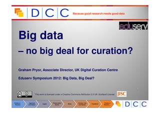 Because good research needs good data




Big data
– no big deal for curation?
Graham Pryor, Associate Director, UK Digital Curation Centre

Eduserv Symposium 2012: Big Data, Big Deal?

                                                                                                .

          This work is licensed under a Creative Commons Attribution 2.5 UK: Scotland License
 