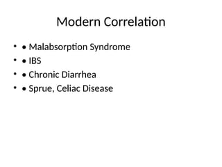 Modern Correlation
• • Malabsorption Syndrome
• • IBS
• • Chronic Diarrhea
• • Sprue, Celiac Disease
 