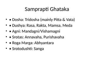 Samprapti Ghataka
• • Dosha: Tridosha (mainly Pitta & Vata)
• • Dushya: Rasa, Rakta, Mamsa, Meda
• • Agni: Mandagni/Vishamagni
• • Srotas: Annavaha, Purishavaha
• • Roga Marga: Abhyantara
• • Srotodushti: Sanga
 
