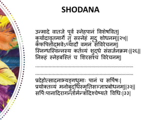 SHODANA
उन्मािे वातजे पूवं स्नेहपानं ववशेषववत्|
कु ्ायिावृतमार्गे तु सस्नेहं मृिु शोधनम्||२५||
कफवपत्तोद्यवेऽप््ािौ वमनं सववरेचनम्|
ग्स्नवधग्स्वन्नस्् कतयव््ं शुद्धे संसजयनक्रम ||२६||
ननरूहं स्नेहदग्स्तं च ्शरसश्च ववरेचनम्|
.........................................................................
.........................................................................
प्रिेहोर्तसािनाभ््ङ्र्गधूमा पानं च सवपयष |
प्र्ोक्तव््ं मनोदुद्धधस्मृनतसञ्ज्ज्ञाप्रदोधनम्||३२||
सवपय पानादिरार्गन्तोमयन्रादिश्चेष््ते ववधध |३३|
 
