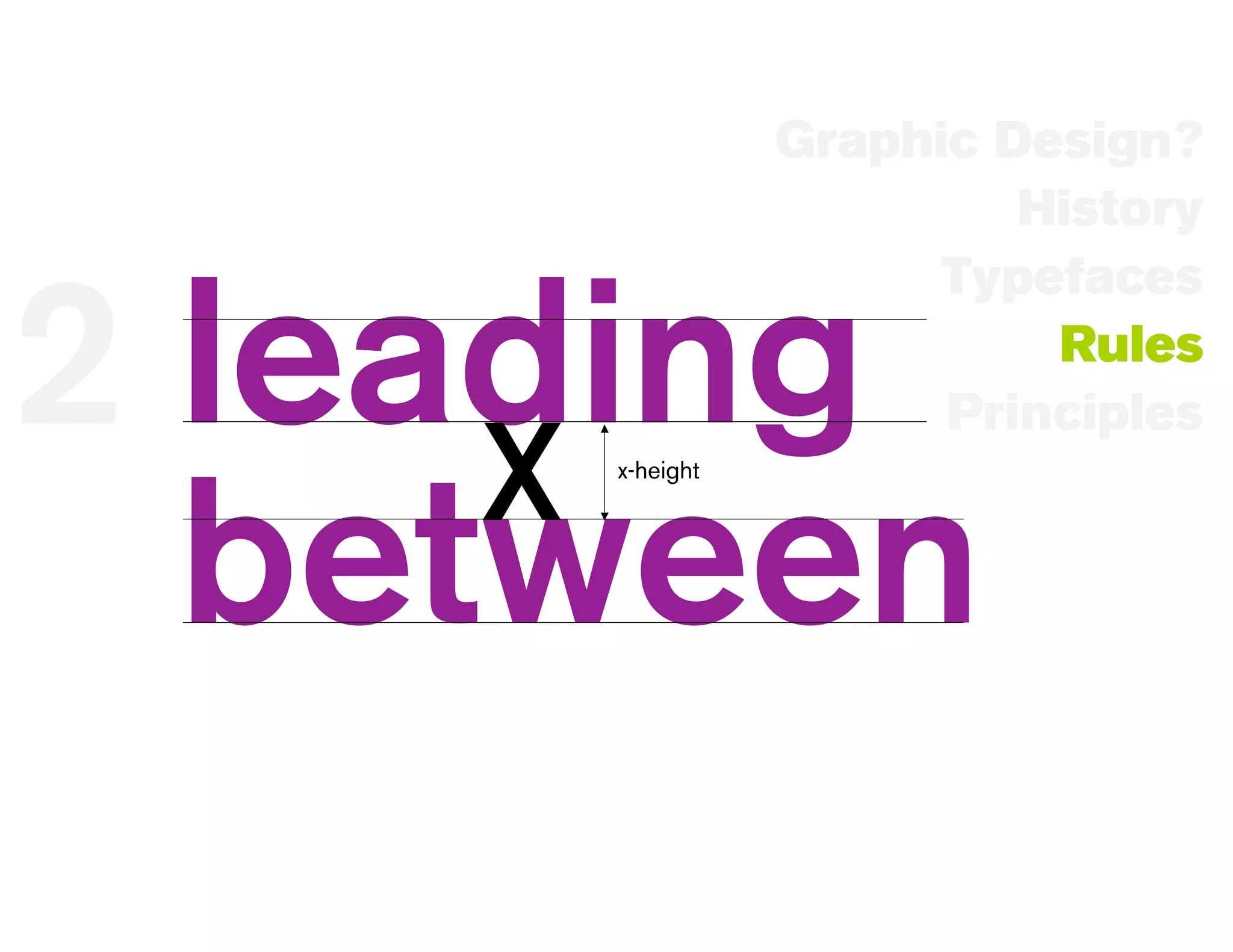 Graphic Design?
                         History
                      Typefaces

2 leading
     x
     x-height
                          Rules
                      Principles


  between
 