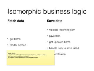 Isomorphic business logic
• get Items
• render Screen
• validate incoming Item
• save Item
• get updated Items
• handle Error is save failed
• render Screen
Fetch data Save data
 