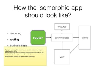 How the isomorphic app
should look like?
• rendering
• routing
• business logic
• resources
router business logic stores
view
resource
router business logic stores
view
resource
 