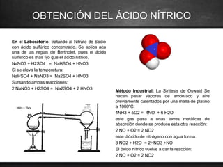 OBTENCIÓN DEL ÁCIDO NÍTRICO
En el Laboratorio: tratando al Nitrato de Sodio
con ácido sulfúrico concentrado. Se aplica aca
una de las reglas de Bertholet, pues el ácido
sulfúrico es mas fijo que el ácido nítrico.
NaNO3 + H2SO4 = NaHSO4 + HNO3
Si se eleva la temperatura:
NaHSO4 + NaNO3 = Na2SO4 + HNO3
Sumando ambas reacciones:
2 NaNO3 + H2SO4 = Na2SO4 + 2 HNO3
Método Industrial: La Síntesis de Oswald Se
hacen pasar vapores de amoníaco y aire
previamente calentados por una malla de platino
a 1000ºC.
4NH3 + 5O2 = 4NO + 6 H2O
este gas pasa a unas torres metálicas de
absorción donde se produce esta otra reacción:
2 NO + O2 = 2 NO2
este dióxido de nitrógeno con agua forma:
3 NO2 + H2O = 2HNO3 +NO
El óxido nítrico vuelve a dar la reacción:
2 NO + O2 = 2 NO2
 