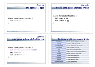 Controle                                                           Controle
                 Tem apenas 1 ação          Possui uma ação chamada index


                                        class SampleController {
class SampleController {                  def list = {}
  def list = {}                           def index = {}
}                                       }




                             Controle
    com propriedade defaultAction              Objetos implícitos no controle
                                           actionName      •  Nome da ação que está sendo executada

                                            actionUri      •  Uri relativa a ação em execução

                                          controllerName   •  Nome do atual controle em execução
class   SampleController {                 controllerUri   •  Uri do controle em execução

  def   defaultAction = 'list'                flash        •  Objeto para acessar o escopo flash

                                               log         •  Instância de org.apache.commons.logging.Log
  def   list = {}
                                             params        •  Mapa de parâmetros de requisição
  def   index = {}                           request       •  O objeto HttpServletRequest
}                                           response       •  O objeto HttpServletResponse

                                             session       •  O objeto HttpSession object

                                          servletContext   •  O objeto ServletContext
 