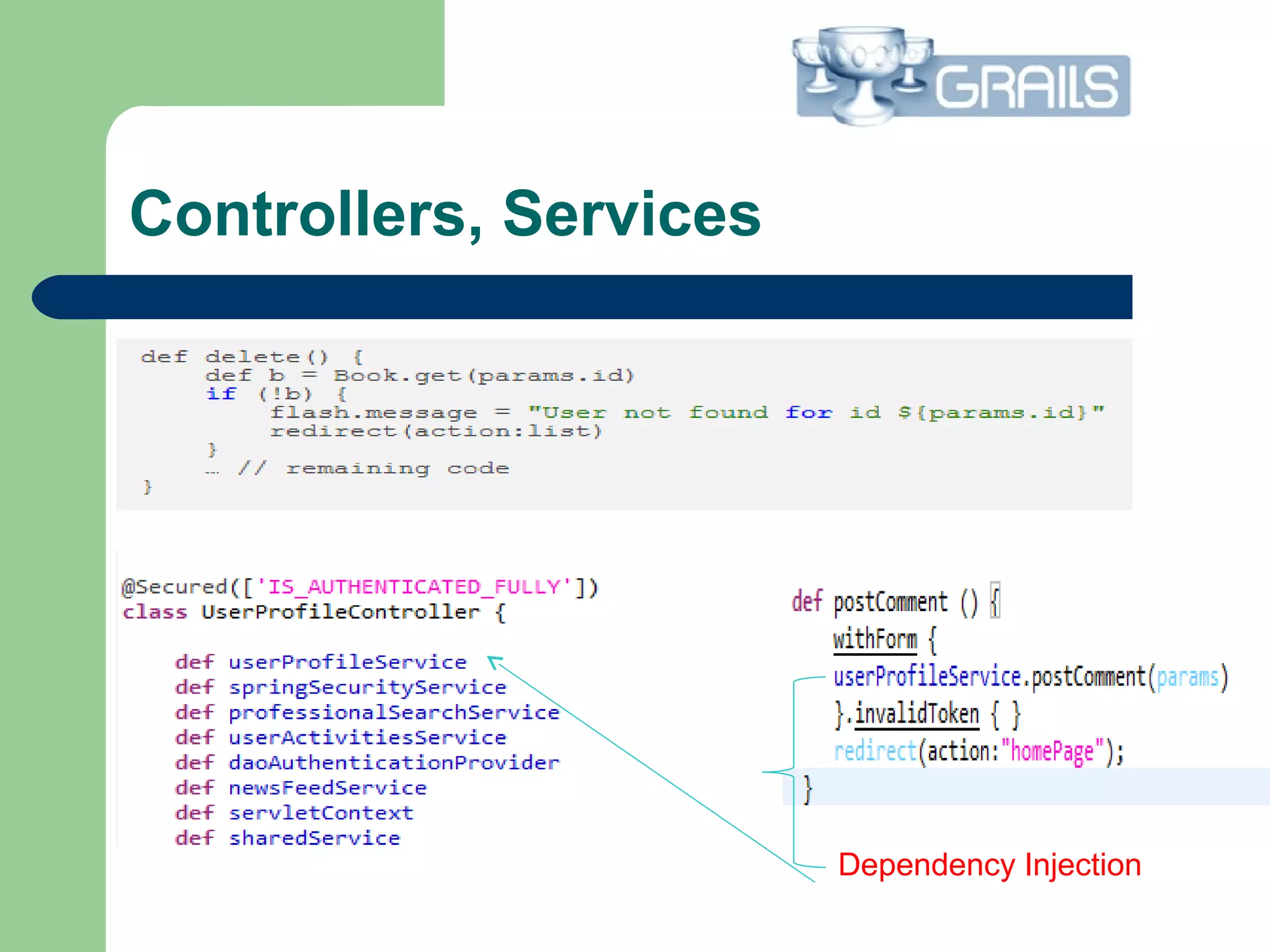 Controllers, Services
Dependency Injection
 
