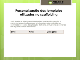 Personalização dos templates 
utilizados no scaffolding 
Após realizar as alterações nos templates, é necessário executar o 
comando generate-all para que as alterações sejam refletidas nos 
controladores e visões da aplicação da livraria, efetuaremos o comando 
nas seguintes classes de domínio: 
Livro Autor Categoria 
 