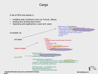 Cargo  A set of APIs that assists in installing web containers (such as Tomcat, JBoss) booting and shutting them down deploying web applications (.wars and .ears) Invokable via ant tasks maven plugin Java API <target name=&quot;functional-test&quot; > <cargo containerId=&quot;tomcat6x&quot; action=&quot;start&quot;  …  > <zipurlinstaller installurl=&quot;http://somewhere/tomcat-6.0.zip&quot;/> <configuration type=&quot;standalone&quot; home=&quot;${tomcatdir}&quot;> <deployable type=&quot;war&quot; file=&quot;foo.war&quot;/> </configuration> </cargo> <plugin> ... <artifactId>cargo-maven2-plugin</artifactId> <config> <wait>false</wait> <container> <containerId>tomcat6x</containerId> <zipUrlInstaller> <url>http://somewhere/tomcat-6.0.zip</url> ... Installer installer =  new URL(&quot;http://somewhere/tomcat-6.0.zip&quot;)); installer.iZipURLInstaller(new nstall(); LocalConfiguration configuration =  new DefaultConfigurationFactory().createConfiguration(&quot;tomcat6x&quot;)...) container = new DefaultContainerFactory() .createContainer(&quot;tomcat6x&quot;....); container.setHome(installer.getHome()); WAR deployable = new WAR(&quot;foo.war);  deployable.setContext(&quot;ROOT&quot;); configuration.addDeployable(deployable); 
