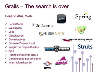 Grails – The search is over
Cenário Atual Web

   Persistência
   Validações
   Logs
   Visualização
   Controladores
   Controle Transacional
   Injeção de Dependências
   Ajax
   Redirecionador de URL’s
   Configuração por ambiente
   Internacionalização
 