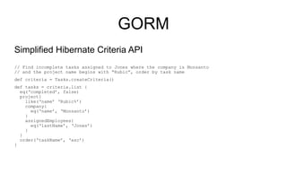 GORM
Simplified Hibernate Criteria API
// Find incomplete tasks assigned to Jones where the company is Monsanto
// and the project name begins with “Rubic”, order by task name
def criteria = Tasks.createCriteria()
def tasks = criteria.list {
  eq(‘completed’, false)
  project{
    like(‘name’ ‘Rubic%’)
    company{
      eq(‘name’, ‘Monsanto’)
    }
    assignedEmployees{
      eq(‘lastName’, ‘Jones’)
    }
  }
  order(‘taskName’, ‘asc’)
}
 