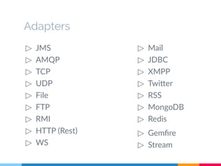 Adapters 
▷ JMS 
▷ AMQP 
▷ TCP 
▷ UDP 
▷ File 
▷ FTP 
▷ RMI 
▷ HTTP (Rest) 
▷ WS 
▷ Mail 
▷ JDBC 
▷ XMPP 
▷ Twitter 
▷ RSS 
▷ MongoDB 
▷ Redis 
▷ Gemfire 
▷ Stream 
 