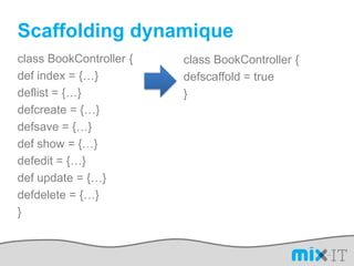 Scaffolding dynamiqueclass BookController {def index = {…}deflist = {…}defcreate = {…}defsave = {…}def show = {…}defedit = {…}def update = {…}defdelete = {…}}class BookController {defscaffold = true}