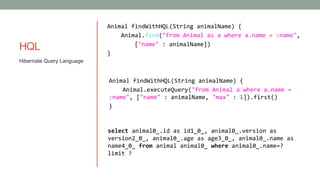 HQL 
Animal findWithHQL(String animalName) { 
Animal.find("from Animal as a where a.name = :name", 
["name" : animalName]) 
} 
Hibernate Query Language 
Animal findWithHQL(String animalName) { 
Animal.executeQuery("from Animal a where a.name = 
:name", ["name" : animalName, "max" : 1]).first() 
} 
select animal0_.id as id1_0_, animal0_.version as 
version2_0_, animal0_.age as age3_0_, animal0_.name as 
name4_0_ from animal animal0_ where animal0_.name=? 
limit ? 
 