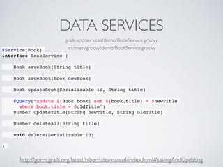 DATA SERVICES
@Service(Book)
interface BookService {
Book saveBook(String title)
Book saveBook(Book newBook)
Book updateBook(Serializable id, String title)
@Query(“update ${Book book} set ${book.title} = $newTitle
where book.title = $oldTitle")
Number updateTitle(String newTitle, String oldTitle)
Number deleteAll(String title)
void delete(Serializable id)
}
grails-app/services/demo/BookService.groovy
src/main/groovy/demo/BookService.groovy
http://gorm.grails.org/latest/hibernate/manual/index.html#savingAndUpdating
 