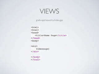 VIEWS
<html>
<html>
<head>
<title>Home Page</title>
</head>
<body>
<div>
${message}
</div>
</body>
</html>
grails-app/views/my/index.gsp
 