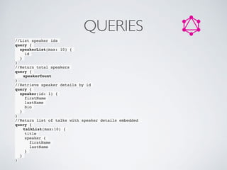 QUERIES
//List speaker ids
query {
speakerList(max: 10) {
id
}
}
//Return total speakers
query {
speakerCount
}
//Retrieve speaker details by id
query {
speaker(id: 1) {
firstName
lastName
bio
}
}
//Return list of talks with speaker details embedded
query {
talkList(max:10) {
title
speaker {
firstName
lastName
}
}
}
 