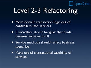 Level 2-3 Refactoring
• Move domain transaction logic out of
controllers into services
• Controllers should be ‘glue’ that binds
business services to UI
• Service methods should reﬂect business
scenarios
• Make use of transactional capability of
services
 