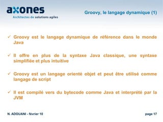 L’architecturepage 10Le langageGroovyPlugin xfirePlugin CMSPlugin GAEPlugin FlexPlugin jQueryPlugin AcegiPlugin MavenPlugin CouchDBGrailsPlugin iWebKitPlugin SearchablePlugin RemotePaginationPlugin QuartzHSQL dbJUnitJettyLog4jJava EESpringHibernateSiteMeshLe langage JavaLe java Development Kit (JDK)La Java Virual MachineN. ADOUANI - février 10