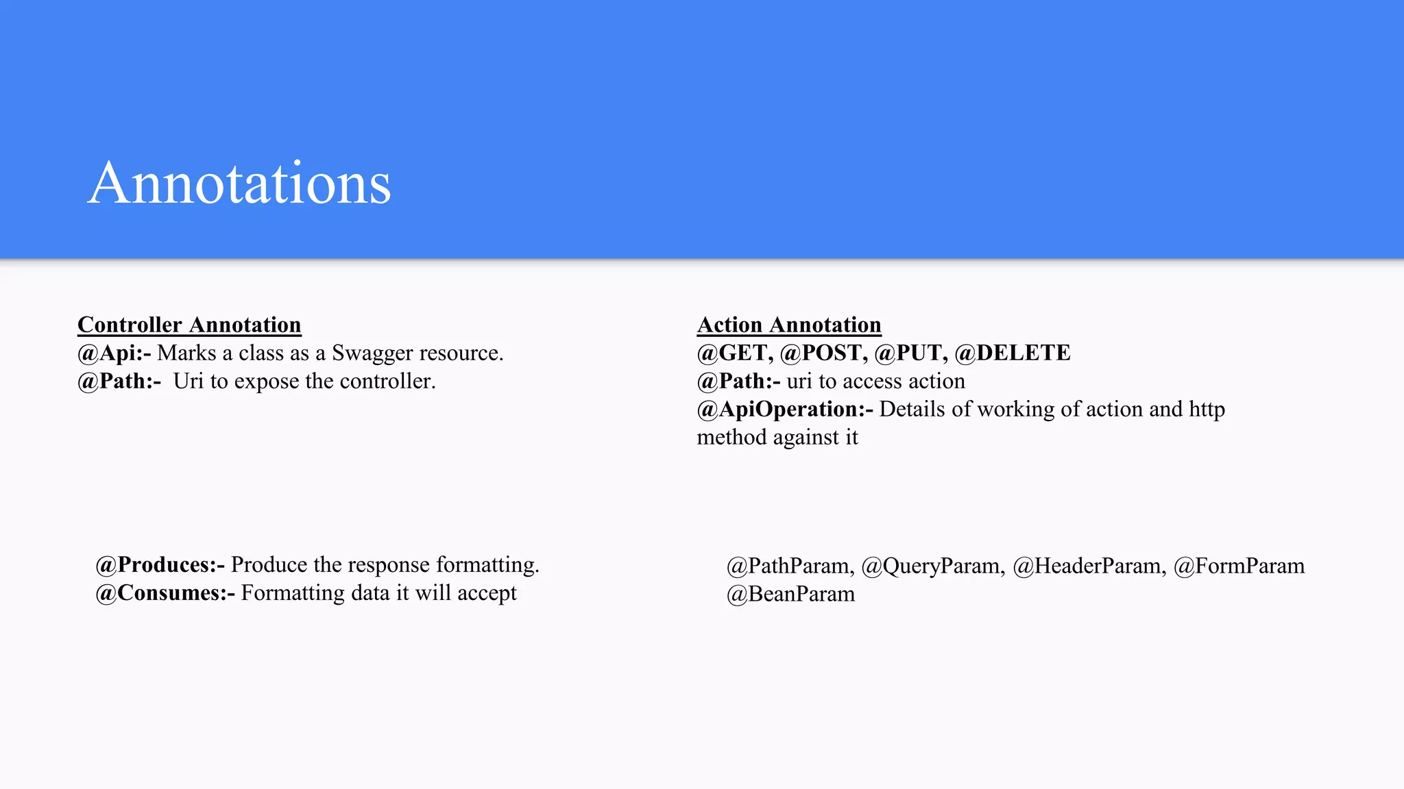 Annotations
Controller Annotation
@Api:- Marks a class as a Swagger resource.
@Path:- Uri to expose the controller.
Action Annotation
@GET, @POST, @PUT, @DELETE
@Path:- uri to access action
@ApiOperation:- Details of working of action and http
method against it
@Produces:- Produce the response formatting.
@Consumes:- Formatting data it will accept
@PathParam, @QueryParam, @HeaderParam, @FormParam
@BeanParam
 